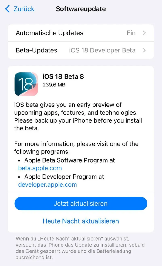 禹州苹果手机维修分享苹果 iOS / iPadOS 18 开发者预览版 Beta 8 发布 